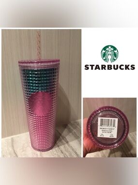 🆕STARBUCKS - NWT - PINK / TEAL BLUE OMBRE SQUARE GRID 24OZ COLD CUP TUMBLER